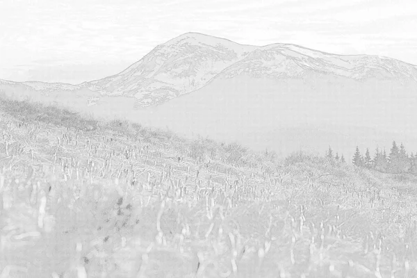 Prairie Fleurs Précoces Avec Des Montagnes Enneigées Gravure Croquis Dessiné — Photo
