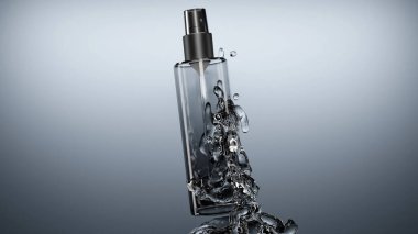 Anında antiseptik el dezenfektanı spreyi, antibakteriyel alkol sıvısı. Atom pompalı şeffaf bir plastik şişe beyaz arka planda izole edilmiş, stüdyo çekimi, su sıçraması, 3D görüntüleme