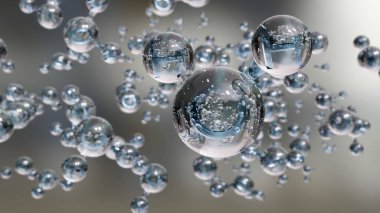 Su molekülleri, moleküler kimyasal formül H2O, kokusuz, Top ve Çubuk kimyasal yapı modeli, Macro Sıvı Baloncuklar, damlacık içindeki parçacıklar, 3d render
