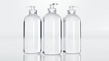 3 boyutlu dezenfektan jel şişesi, susuz temizleyici el jeli beyaz temiz pompa şişesinde, 3 boyutlu illüstrasyon.