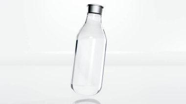 Gümüş kapaklı cam şişenin üç boyutlu çizimi. Beyaz arka planda su için gerçekçi plastik şişe, 3D görüntüleme