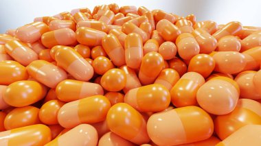Gerçekçi 3D resimli farklı renkte tıbbi haplar renkli kapsüller, ağrı kesiciler, antibiyotikler, vitaminler ve aspirinler. Eczane ve ilaç, ilaç dozajı tedavisi, 3D üretici.
