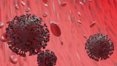 Coronavirus 2019-nCov romanı Corona virüsü insan vücudunda. Corona virüsü ya da kan damarlarında yüzen diğer tehlikeli hücreler. Mikro virüsün 3D görüntüsü.