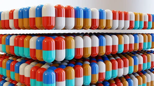 3d Illustration of realistic 3d different color medical pills, Colorful capsules, painkillers, antibiotics, vitamins and aspirin. Pharmacy and drug, pharmaceutical dosage cure, 3d render