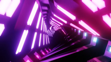 Soyut geometrik arkaplan, floresan ultraviyole ışık, parlayan neon tünel, modern renkli aydınlatma, 3D