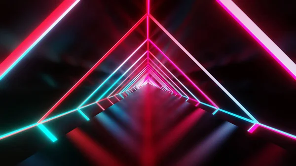 Soyut geometrik arkaplan, floresan ultraviyole ışık, parlayan neon tünel, modern renkli aydınlatma, 3D