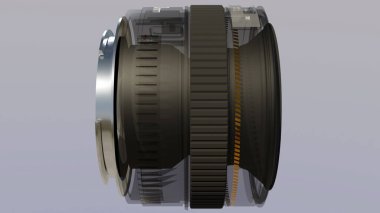Şeffaf DSLR kamera lensi. 50mm F1.4. Enine kesit ve lens parçaları. Gerçekçi 3B canlandırma