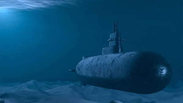 stock image Naval submarine submerge deep underwater near to ocean floor. 3D render