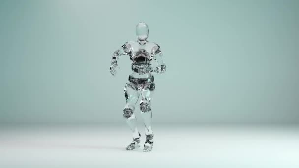 ガラスロボットダンスのループアニメーション ハウスダンス 楽しいを持つロボットの図 マスコットループ 調和のとれた最小限の現代的な動きのデザイン サイボーグモンスター スタジオ 現実的な3Dレンダリング — ストック動画