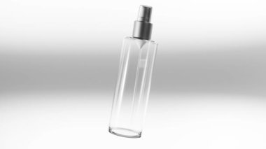 Anında antiseptik el dezenfektanı spreyi, antibakteriyel alkol sıvısı. Atom pompalı şeffaf bir plastik şişe beyaz arka planda izole edilmiş, stüdyo çekimi, su sıçraması, 3D görüntüleme