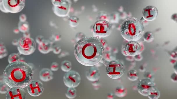 水分子 分子化学式H2O ボールとスティック化学構造モデル マクロ液体泡 液滴内の粒子 3Dレンダリング — ストック動画