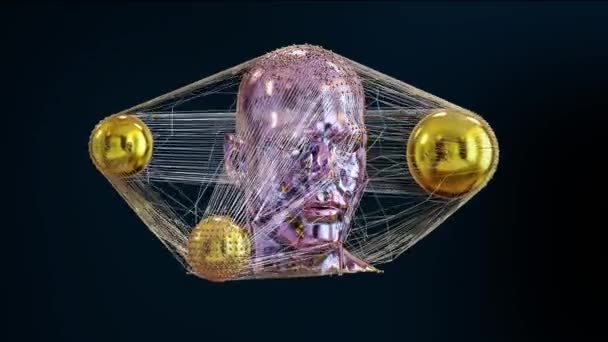 Lus Animatie Van Metalen Ballen Menselijk Gezicht Buste Draadframe Abstracte — Stockvideo