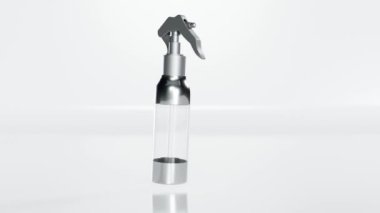 Anında antiseptik el dezenfektanı, antibakteriyel alkol sıvısı döngüsü. Beyaz arka planda izole edilmiş, atom pompası olan şeffaf bir plastik şişe, stüdyo çekimi. 3d hazırlayıcı