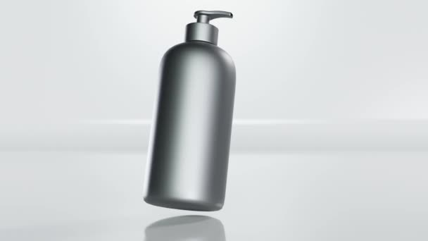 サニタイザージェルボトルのループアニメーション 空気中のボトル ホワイトクリアポンプボトルの水を含まないクレンジングハンドジェル アルファチャンネル 3Dレンダリング — ストック動画