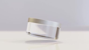 Cam kozmetik kavanozunun döngüsel animasyonu, losyon ambalajı, şişe havada yavaşça dönüyor. Kadın kozmetik derisi. Paket güzellik ürünlerinin yerleşimi. Luma mat, Gerçekçi 3D canlandırma.