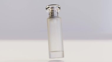 Havada dönen parfüm şişesinin animasyonu, erkek kozmetik ürünü, beyaz arka plan, tuvalet suyu, cam sprey şişesi, sakal ve bıyık bakım yağı, 3D