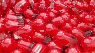 gerçekçi 3D kırmızı ilaç, renkli kapsüller, ağrı kesiciler, antibiyotikler, vitaminler ve aspirin. Eczane ve ilaç, ilaç dozajı tedavisi, 3D üretici.