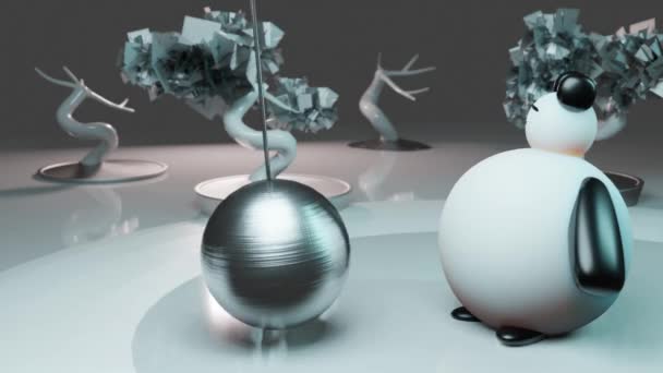 金属球在可爱卡通人物的腹部弹跳 奇怪的满意4K循环动画 3D渲染 — 图库视频影像