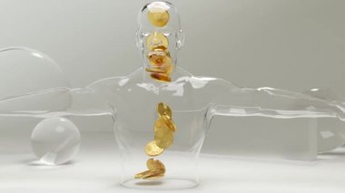 Bitcoin 'i insan para kutusuna koymak, Crypto para birimi. BTC 'de. Şifreli para birikimleri. Yatırım sembolü, para konseptini korumak. Nakit para biriktirmek, bozuk para yığınları, Bitcoin düşüşü, 3D görüntüleme
