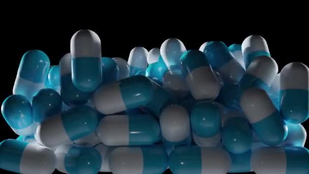White Blue Capsule Pills Falling Isolated Black Background Alpha Channel — Vídeo de Stock