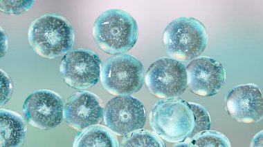 Sudaki kozmetik ürünleri için gerekli yağ kabarcıkları. Mavi sıvı kabarcıklar, sıvı akışı. Kolajen, yüzen atomlar, nemlendirici krem, cilt serumu, vitamin, güzellik konsepti, 3D görüntüleme