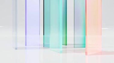 Renkli şeffaf cam levhalar, parlak spektrum, dağıtım cam blokları, parlak holografik, soyut şeffaf parlak tekstil, plastik levhalar, 3D rendeleme