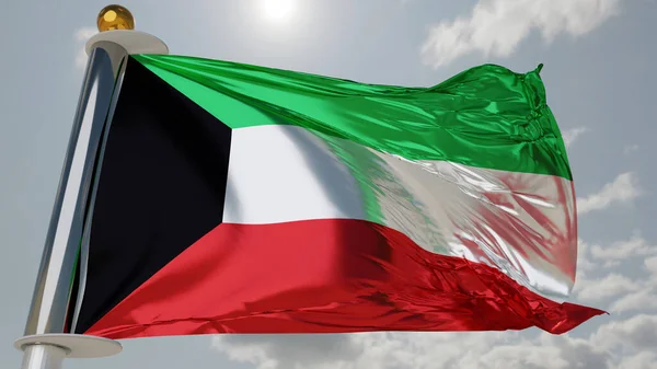 stock image Flag of Kuwait Waving in the wind, Kuwait National flag wave, fabric texture, close-up, Realistic Animation, Sky and Sun, 3d render