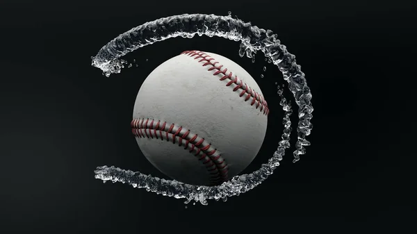 Piłka Baseballowa Splashing Czarne Tło Owinięte Wody Splash Krople Wody — Zdjęcie stockowe