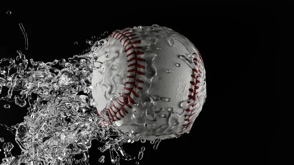 野球ボールスプラッシュ 黒の背景 ラップインと水 スプラッシュと水滴が回転し 3Dレンダリング — ストック写真