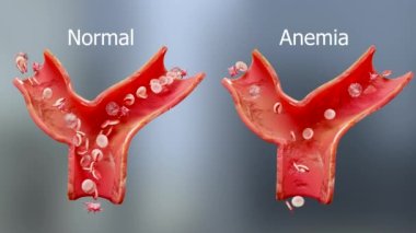 Anemi miktarı kan hücresi veya hemoglobin ve normal. Aplastik anemi, normal ve anormal kan hücresi ve trombosit sayısı, atardamar veya damarda dolaşım, anemi hastalığı, demir eksikliği, 3D render.
