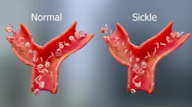 Orak hücre anemi hastalığı, tıbben doğru orak lekenin 3D animasyonu, normal kırmızı kan hücreli kan damarı ve hastalıklı kırmızı kan hücreleri, normal hemoglobin ve deforme olmuş hilal, 3 boyutlu görüntüleme.