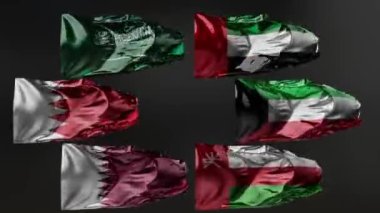 Rüzgarda dalgalanan Körfez İşbirliği Konseyi bayrakları, GCC Ulusal bayrakları, kumaş dokusu, yakın çekim, alfa kanalı, BAE, Katar, Suudi Arabistan, Kuveyt, Bahreyn, Umman, Animasyon, 60 fps, 3d yorumlama