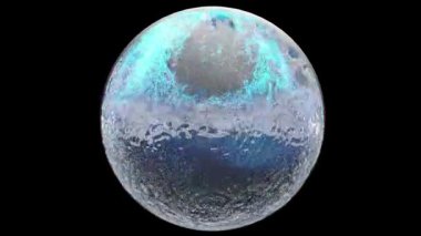 Gerçekçi soyut sıvı küre, toz parçacıkları sıvı madde, sihirli parlak mavi parlayan atomlar, damlacıklarla su sıçraması, sıvı madde, su topu dalgası daire şeklinde, 3D render