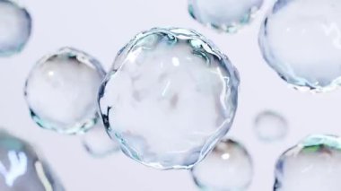 Sudaki kozmetik ürünleri için gerekli yağ kabarcıkları. Mavi sıvı kabarcıklar, sıvı akışı. Kolajen, yüzen atomlar, nemlendirici krem, cilt serumu, vitamin, güzellik konsepti, 3D görüntüleme