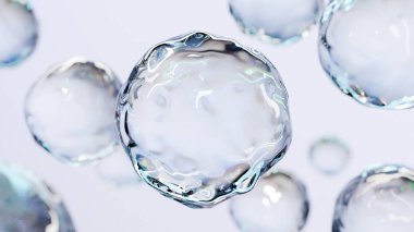 Sudaki kozmetik ürünleri için gerekli yağ kabarcıkları. Mavi sıvı kabarcıklar, sıvı akışı. Kolajen, yüzen atomlar, nemlendirici krem, cilt serumu, vitamin, güzellik konsepti, 3D görüntüleme
