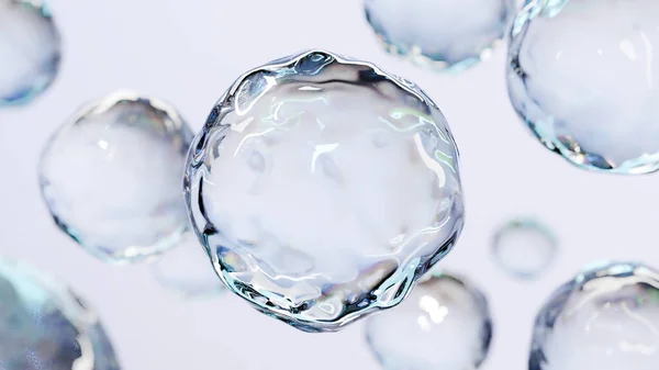 Sudaki kozmetik ürünleri için gerekli yağ kabarcıkları. Mavi sıvı kabarcıklar, sıvı akışı. Kolajen, yüzen atomlar, nemlendirici krem, cilt serumu, vitamin, güzellik konsepti, 3D görüntüleme