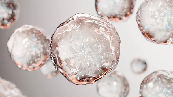 Sudaki kozmetik ürünleri için gerekli yağ kabarcıkları. Altın sıvı kabarcıklar, sıvı akışı. Kolajen, yüzen atomlar, nemlendirici krem, cilt serumu, vitamin, güzellik konsepti, 3D görüntüleme