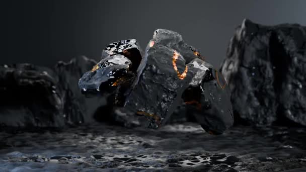 石を浮き彫りにした抽象的な背景 石の石石石 小惑星隕石の岩の浮き沈み 石の破片 金の修理Kintsugi Kintsoi 3Dレンダリング — ストック動画