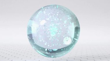 Sudaki kozmetik ürünleri için temel yağ kabarcıkları. Mavi sıvı kabarcıklar, sıvı akışı. Kolajen, yüzen atomlar, nemlendirici krem, cilt serumu, vitamin, güzellik konsepti, döngü, biyoteknoloji, 3D canlandırma