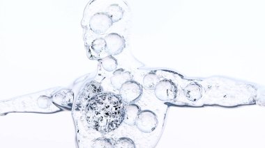 Vücut suyu dengesi, insanda su, su, suda kozmetik için gerekli yağ kabarcıkları. mavi sıvı kabarcıklar, nemlendirici krem, serum, vitamin, güzellik konsepti, suyla doldurulmuş adam, 3D render