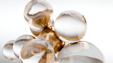 Sudaki kozmetik ürünleri için gerekli yağ kabarcıkları. Altın sıvısı kabarcıklar, sıvı akışı. Kolajen, yüzen atomlar, nemlendirici krem, cilt serumu, vitamin, güzellik konsepti, 3D görüntüleme