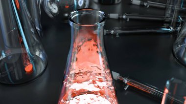 Bardak Erlenmeyer kaynayan sıvıyla kaynamaya başlar, su bir laboratuvar şişesinde kaynamaya başlar ve yukarıdan fışkıran buhar, Falcon veya iksir veya beher, test tüpü, ısıtma suyu, bilim deneyi, 3D görüntüleme.