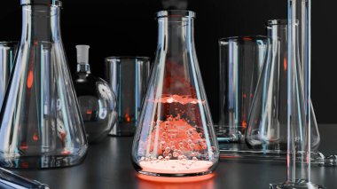 Bardak Erlenmeyer kaynayan sıvıyla kaynamaya başlar, su bir laboratuvar şişesinde kaynamaya başlar ve yukarıdan fışkıran buhar, Falcon veya iksir veya beher, test tüpü, ısıtma suyu, bilim deneyi, 3D görüntüleme.