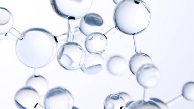 Moleküller ya da atomlar, moleküler yapı, biyokimyasal. Kimyasal formül, sıvı akışı. Su Sıvısı Baloncukları, yüzen atomlar, cilt bakımı Kozmetik, Vitamin, Tıbbi Güzellik Konsepti, 3D