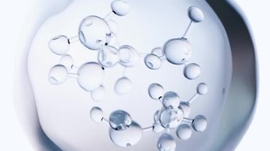 Moleküller ya da atomlar, moleküler yapı, biyokimyasal. Kimyasal formül, sıvı akışı. Su Sıvısı Baloncukları, yüzen atomlar, cilt bakımı Kozmetik, Vitamin, Tıbbi Güzellik Konsepti, 3D