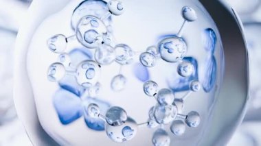 Moleküller ya da atomlar, moleküler yapı, biyokimyasal. Kimyasal formül, sıvı akışı. Su Sıvısı Baloncukları, yüzen atomlar, cilt bakımı Kozmetik, Vitamin, Tıbbi Güzellik Konsepti, 3D