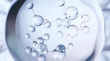Moleküller ya da atomlar, moleküler yapı, biyokimyasal. Kimyasal formül, sıvı akışı. Su Sıvısı Baloncukları, yüzen atomlar, cilt bakımı Kozmetik, Vitamin, Tıbbi Güzellik Konsepti, 3D