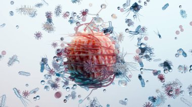 Farklı türde virüs, bakteri ve mikrop ve mikrop seti, mikrobiyoloji organizması, biyoloji mikroorganizması enfeksiyonu, bağırsak enfeksiyonu, hastalık veya hastalık hücreleri, patojenik kamçı, 3D render