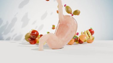 Meyveli mide, kilo verme ve beslenme kaybı, sindirim sistemi için sağlıklı besin, tıbbi ve sağlıklı gıda yeme konsepti. diyet fitness, tatlı tropikal meyveler, prebiyotikler, lif, 3D render