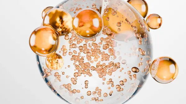 Sudaki kozmetik ürünleri için temel yağ kabarcıkları, altın sıvı kabarcıklar, sıvı akışı. Kolajen, yüzen atomlar, nemlendirici krem, cilt serumu, vitamin, güzellik konsepti, beyazlatma özü, 3D rendeleme